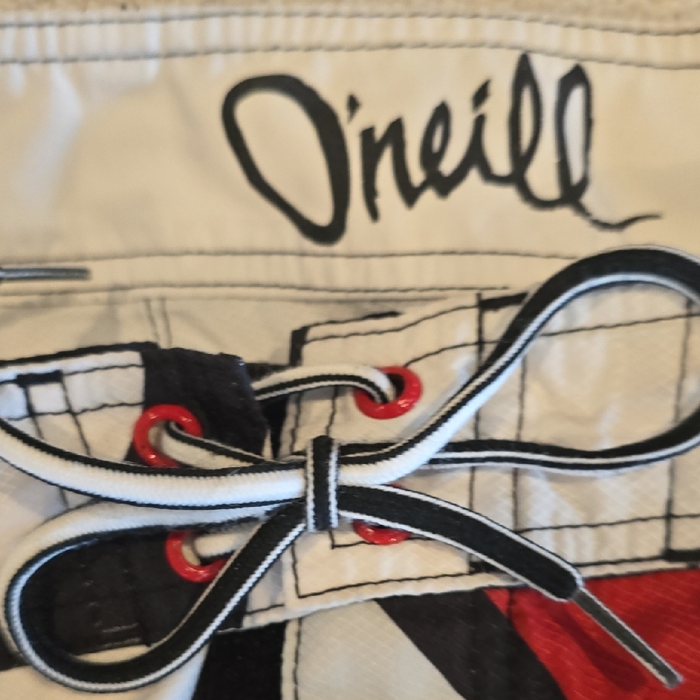 O'Neill Black and Red Board Shorts with Geometric Design - Picture 4 of 4